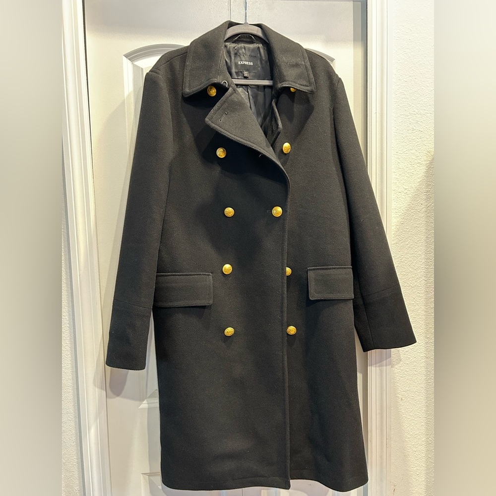 MEN'S BLACK DOUBLE BREASTED WOOL TRENCH COAT BY EXPRESS SIZE L